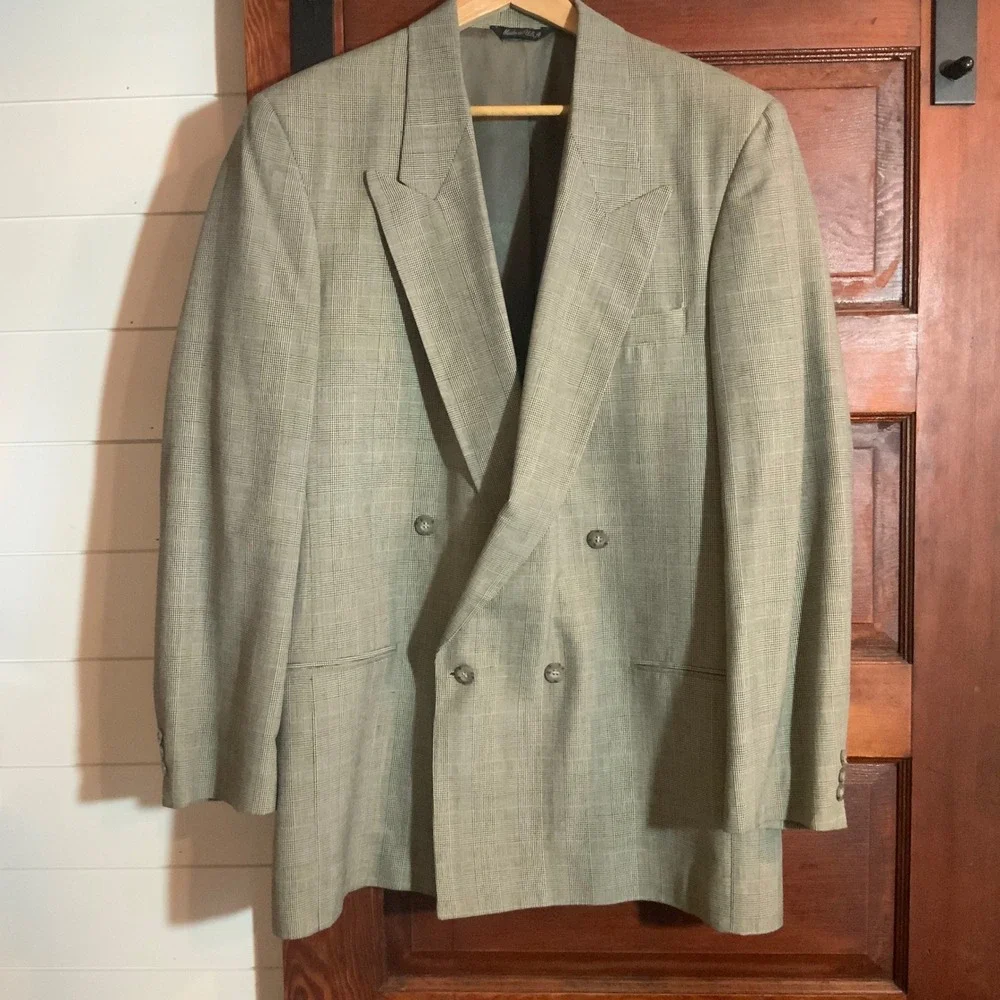 Vintage 80s Levis Exacl Double Breasted Blazer Glen Plaid Made in USA 44L Grey